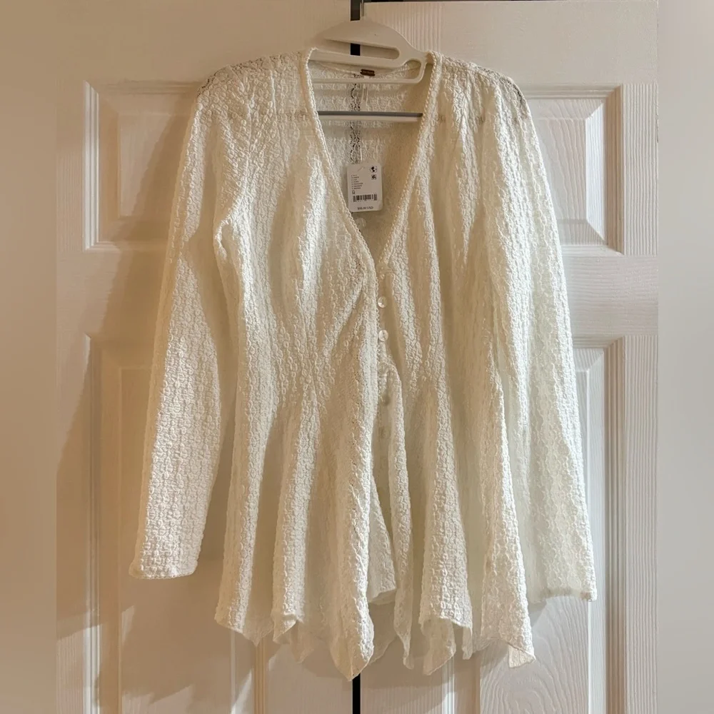 Free People Sheer Lace Button-Front Top – Ivory | Size M | NWT